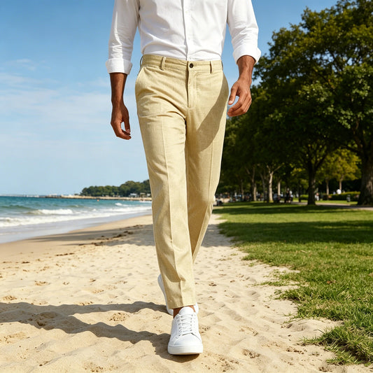Men's Linen Cropped Pants Slim Fit 9 Points Ankle Dress Pants Business Casual High Waist Suit Trousers Breathable Office Summer