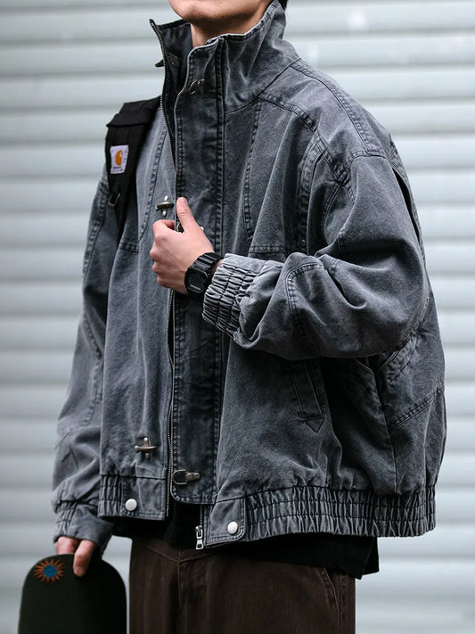Mens Denim Jacket American Vintage Heavy Washed Distressed Workwear Stand Collar Streetwear Trendy High Quality Hip Hop Casual