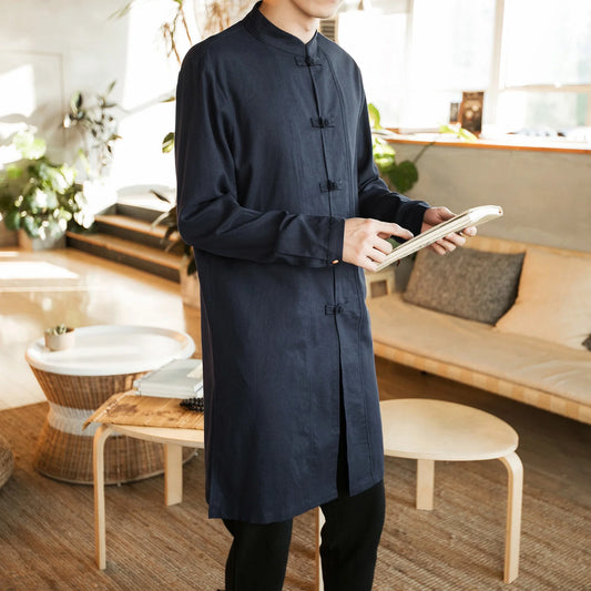 Autumn Cotton Linen Stand Collar Traditional Chinese Men's irt Middle Length Button Decorated Casual Wear Youth Tang Suit