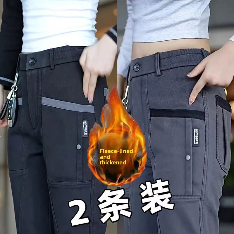 Men's Workwear Pants Elastic Waist Multi-Pocket Straight Leg Autumn Winter Durable Polyester Fiber Casual Trousers
