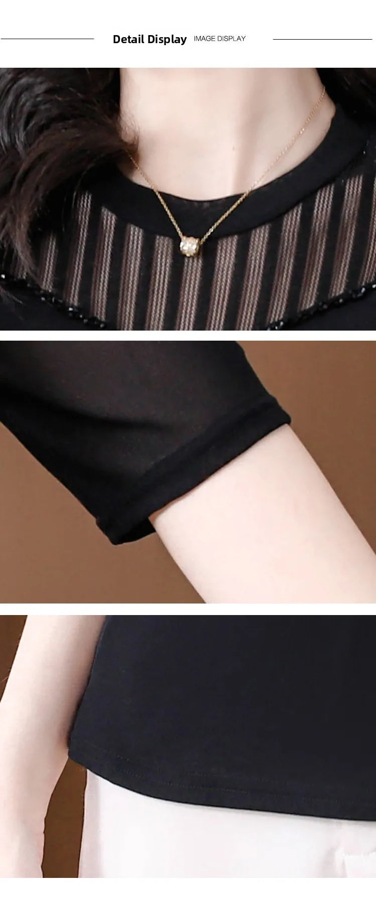 Lace Short Sleeve Slim Fit T-Shirt Women's Summer New Netting Thin Style round Neck Regular Length Pure Color Commute Style