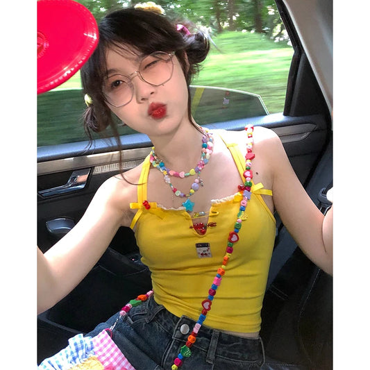 Genayooa Y2k Vintage Tank Tops Lace Up Backless Camis Tops Streetwear 2000s Japanese Fairycore Halter Tops Summer Party Wear
