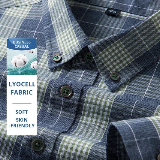 Premium Lyocell Fabric New Fashion Slim Fit Mens Shirts Checkered Business Breathable Plaid Casual Button Down Long Sleeve Top