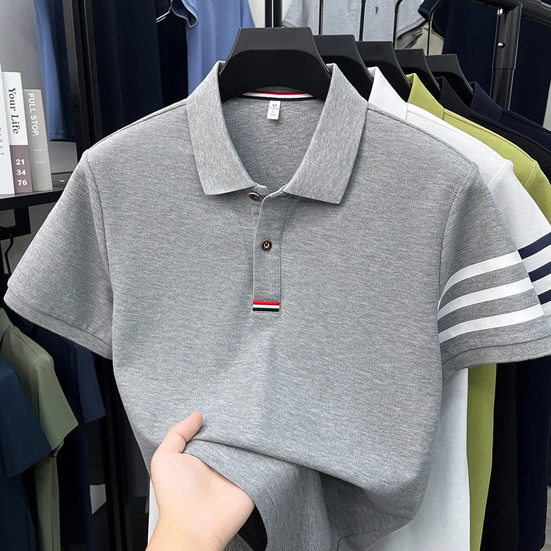 High End Luxury Men's Pure Cotton Short Sleeved Summer New Item 2026 Business Casual Daily Lapel T-shirt Striped Polo Shirt