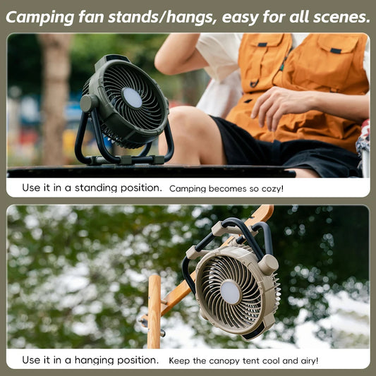 Multifunctional Camping Fan 10000mAh Portable Outdoor Rechargeable Fan 5 Speed Air Circulators w/ LED Light Hook Remote Control