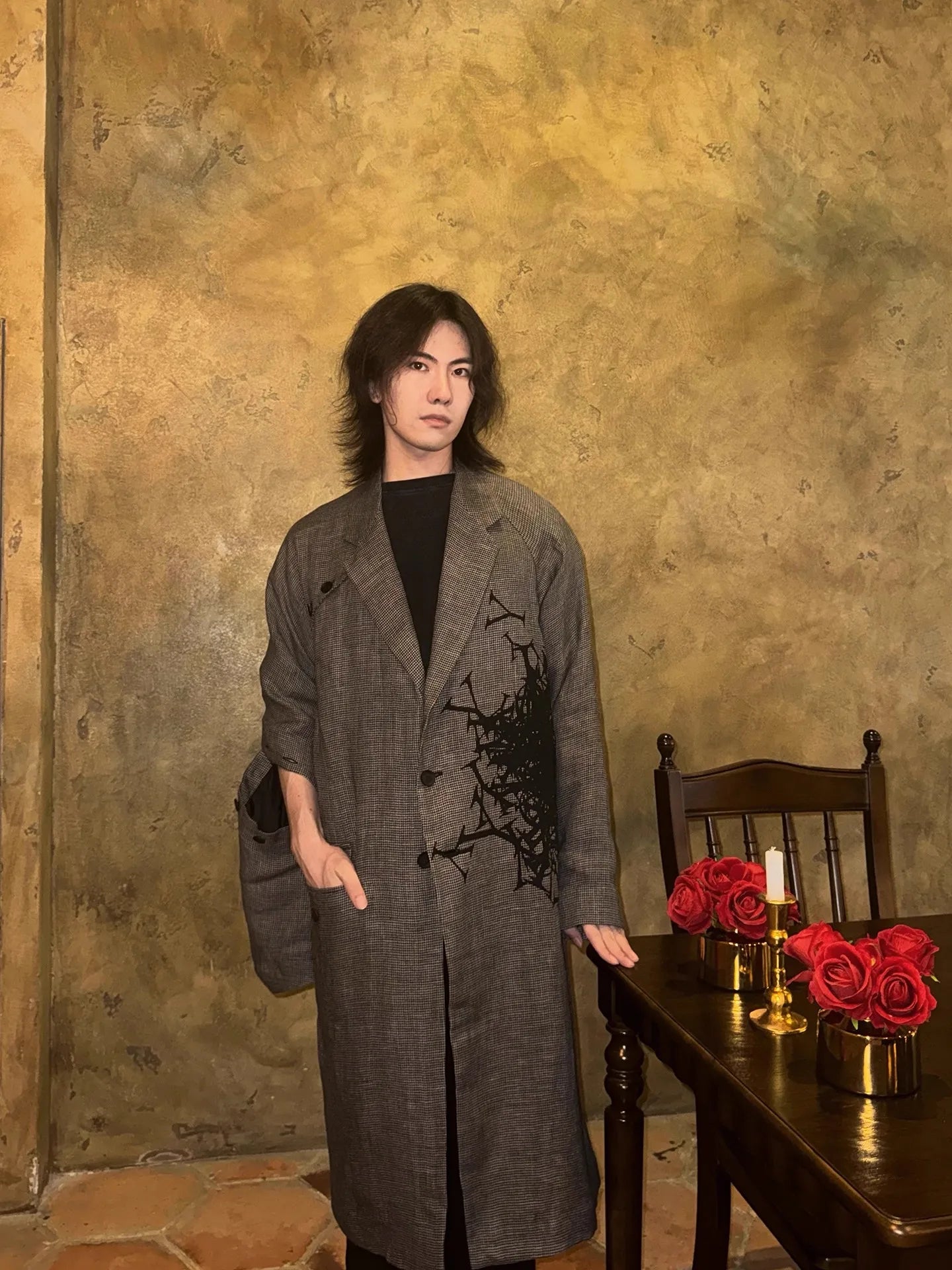 FANDISHI wool blend Print Men's trench coat