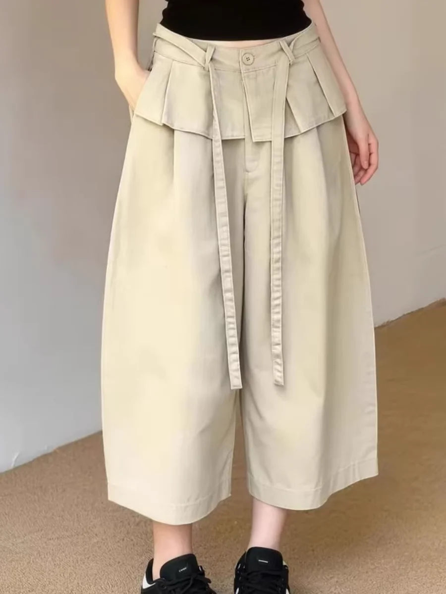 Summer New Korean Style Khaki Design Casual Pants Women plus Size Loose Slimming Nine Points Trousers High Waist Straight Leg