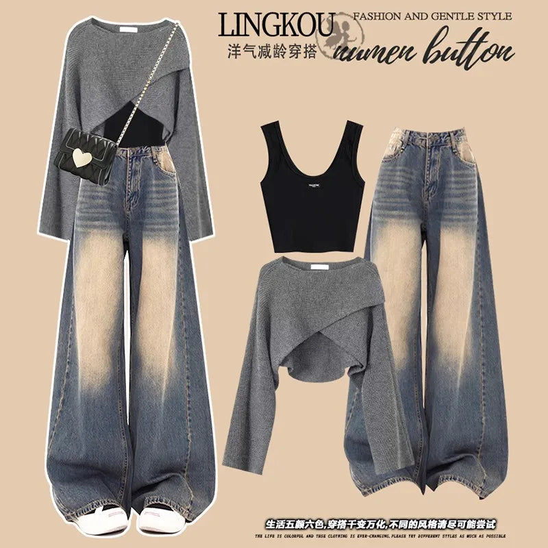 Loose Knitted Sweater High Waist Wide Leg Pants Three Piece Set Women's Denim Casual Style Autumn Winter Fashion Ensemble
