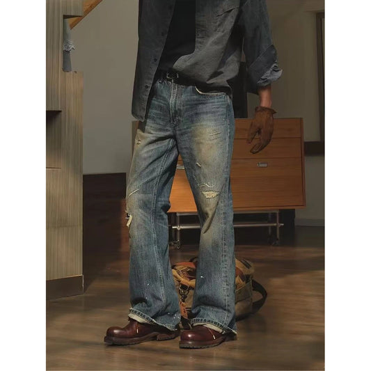 Men's Jeans Distressed Ripped Torn Faded Ombre Wash Straight Leg Non Stretch Long Men's Pants Streetwear Fashionable Trendy