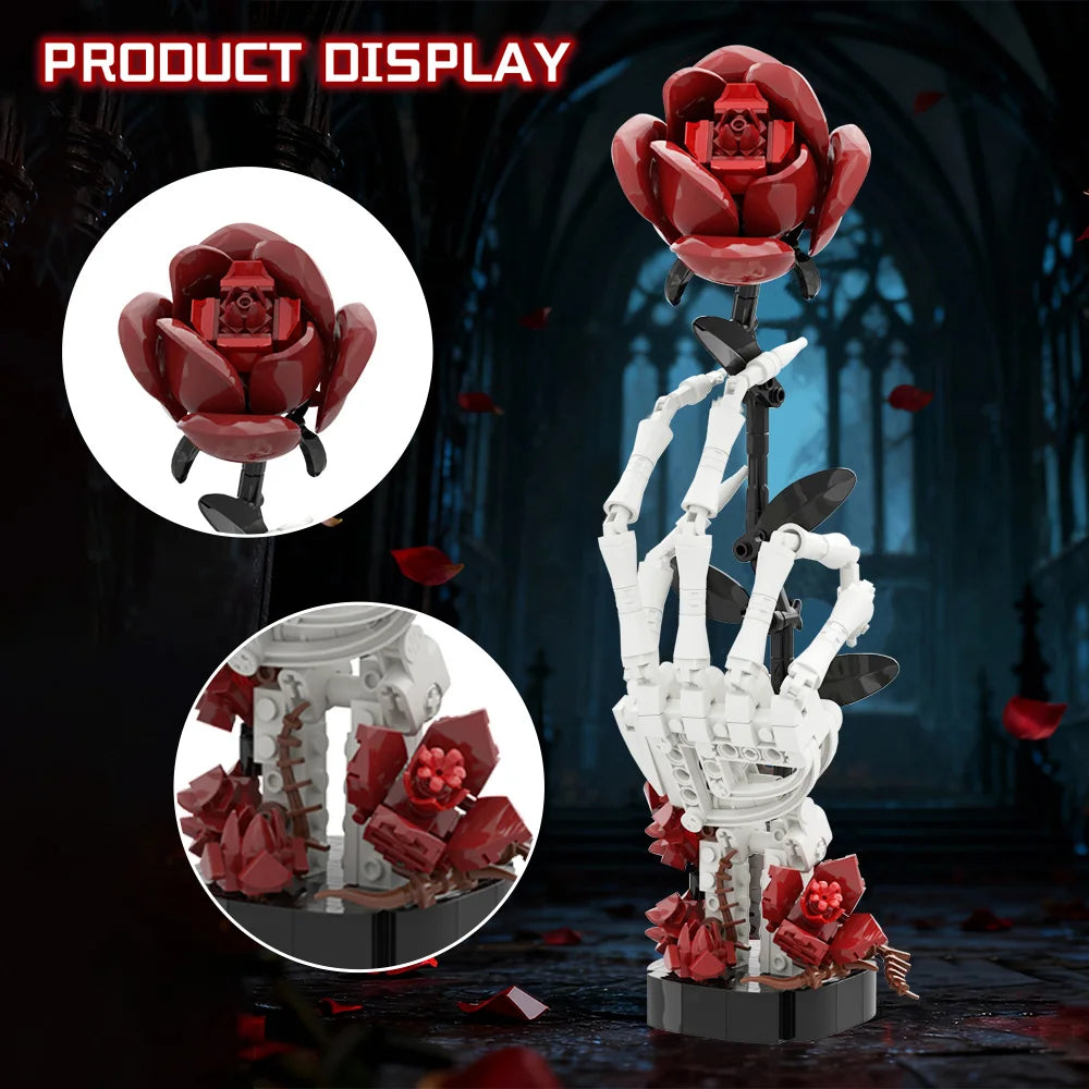 Gothic Skeleton Hand with Rose Building Blocks Macabre Valentines Gift for Adult DIY Dark Romance Decor