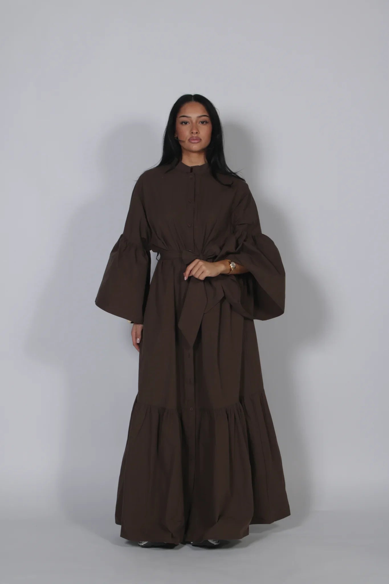 Casual Women Dress Belt Cinched Waist Long Sleeve High Collar Solid Single Breasted Female Dress Chic Lady Commute Summer 2026