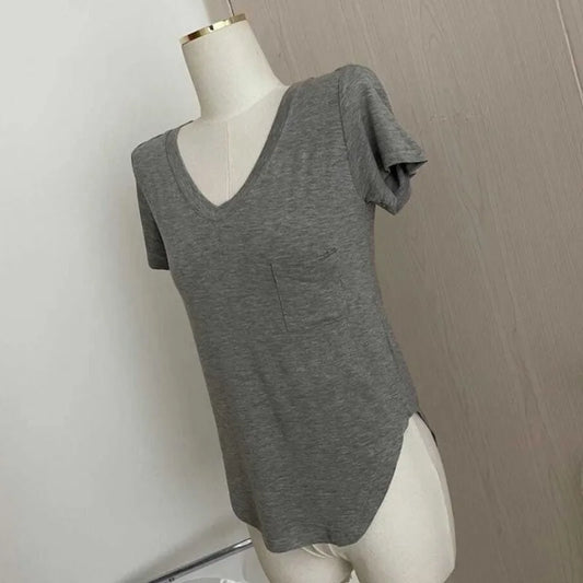 Women's Solid Color T-Shirt Summer Thin Fashion V-Neck Short Sleeve Loose Tees Casual Korean Soft Basic Top For Women