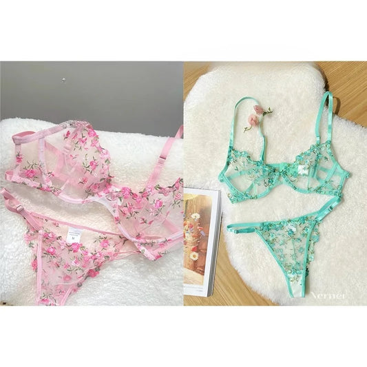 Sweet Sexy Lace Lingerie Set, Floral Embroidery Sheer Mesh, Thin Cooling, Big Bust Relief, Japanese Daily Women Underwear 32-38