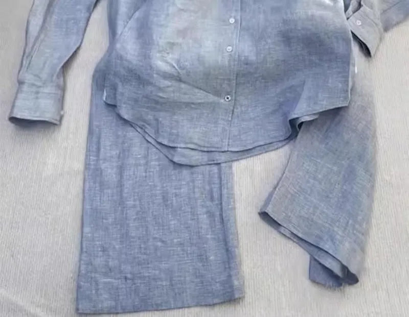 New Summer Women Leisure Lapel Collar Shirt Elegant Pantsuits Fashion Blue Suit Two-piece Set Simple Loose Comfortable Shirt