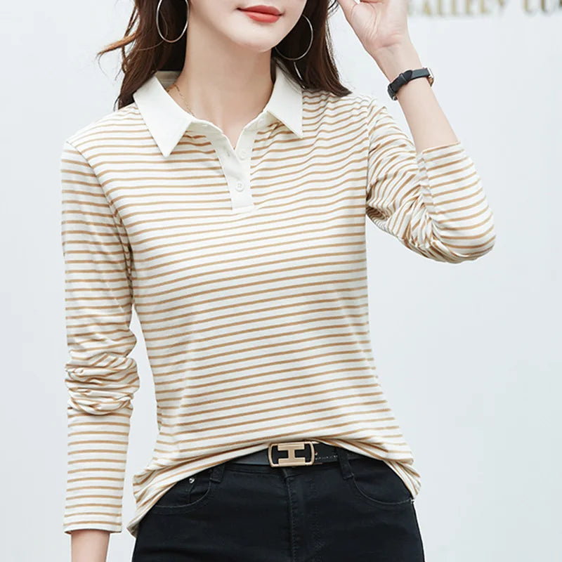 Spring Long Sleeve Striped Polo Shirt Women Cotton Stretch Fashion Summer Autumn Elegant Knitted Polo T-shirt For Women 2024