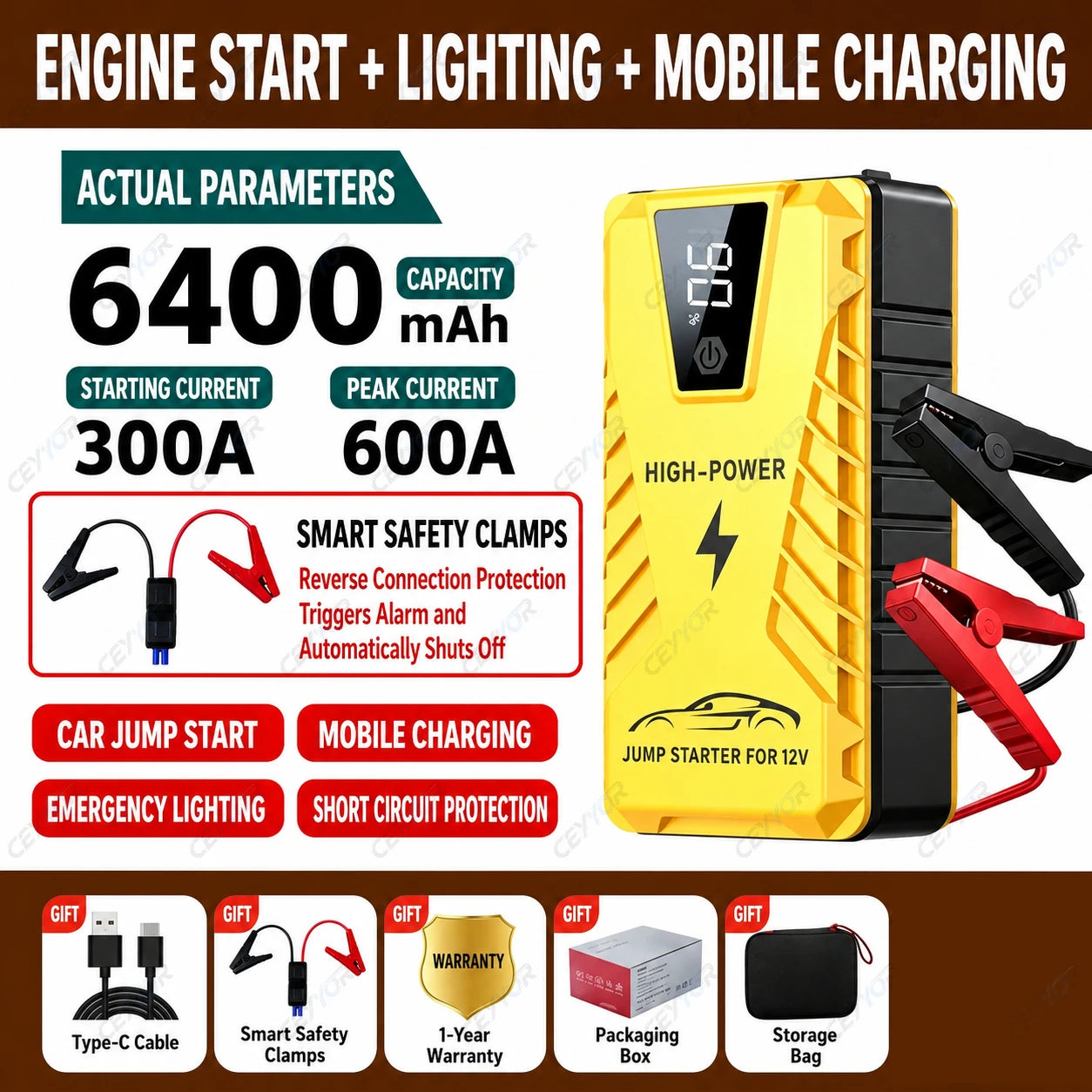 CEYYOR Jump Starter Power Bank suitable for 6.0L Petrol/4.0L Diesel Car. 3IN1 jump starter for 12V Truck/Motorcycle/SUV