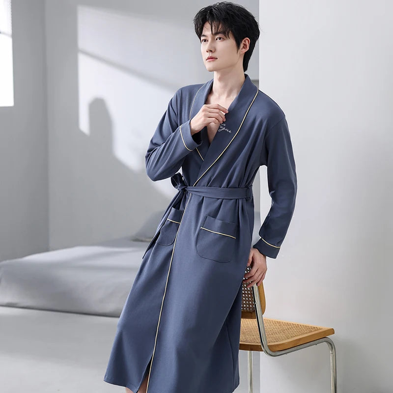 Spring Autumn Bathrobe Men 100% Cotton sleep top Kimono Robes For Male Solid Robes Long Bath Robe Bridegroom Robe Dressing Gown