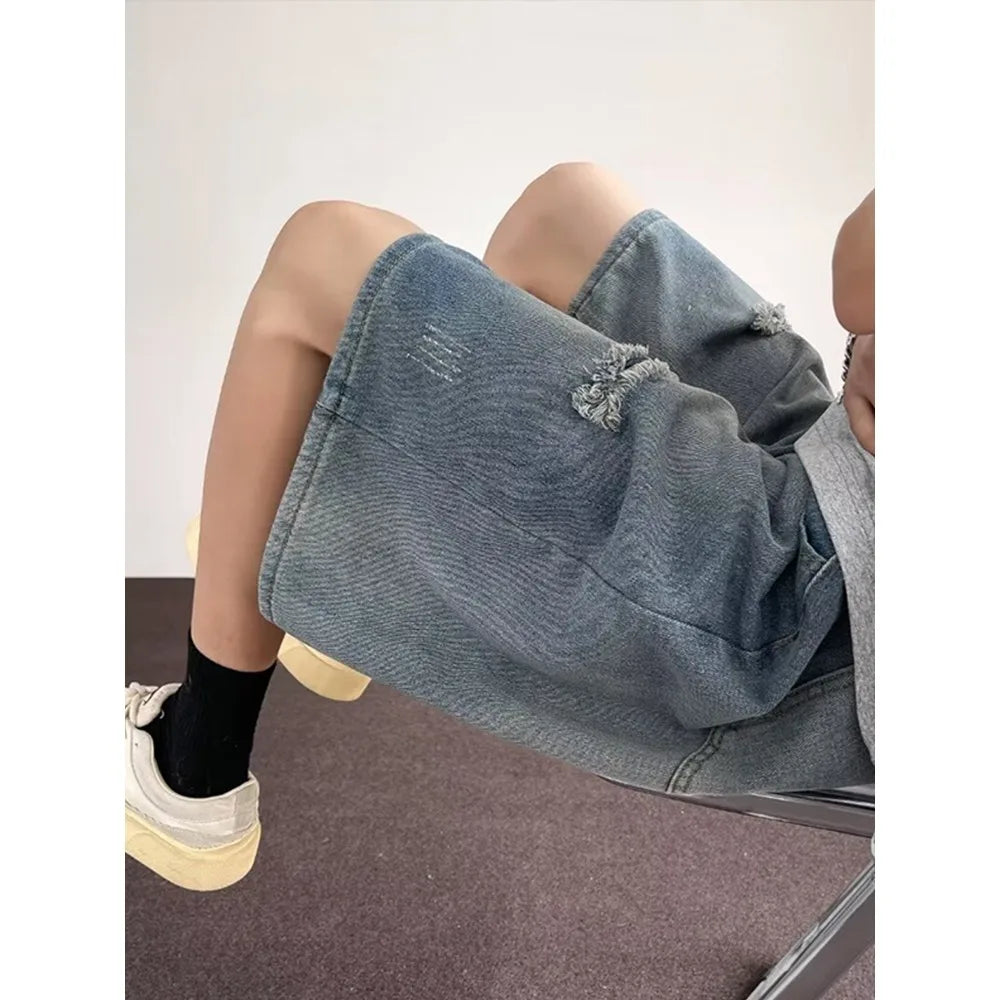 Vintage American High Street Washed Hole Denim Shorts Men's Summer Loose Straight Five-Point Pants Casual mid Waist Jeans