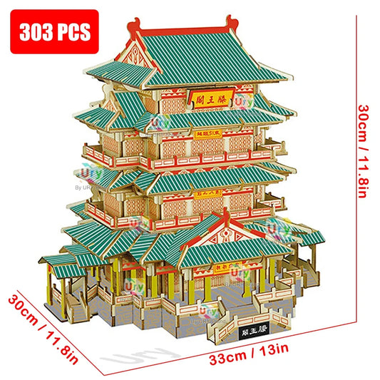 Ury 3D Wooden House Colorful Chinese Traditional Puzzle Building DIY Model Game Assembly Desktop Toy Gift for Adult
