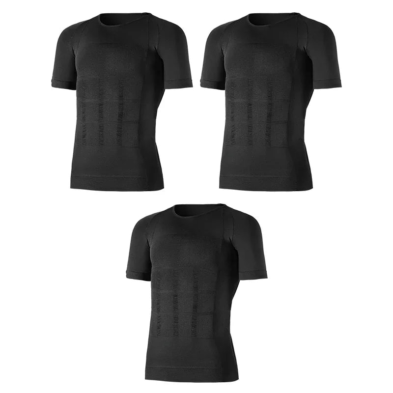 3PCS Men's Short Sleeve Body Shaper, Chest & Waist Tummy Control Slimming Compression Shirt for Sports Fitness