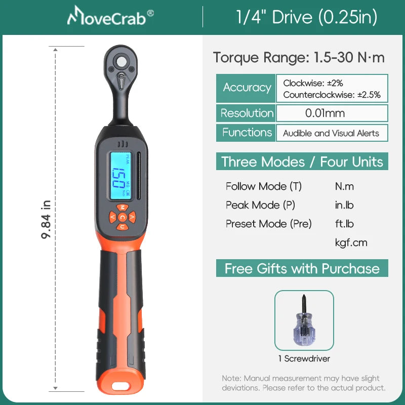 MOVECRAB Digital Torque Wrench 0.6-340N.m 2% Accuracy Preset & LED/Buzzer Alerts for Bike Motorcycles Automotive Mechanical Tool