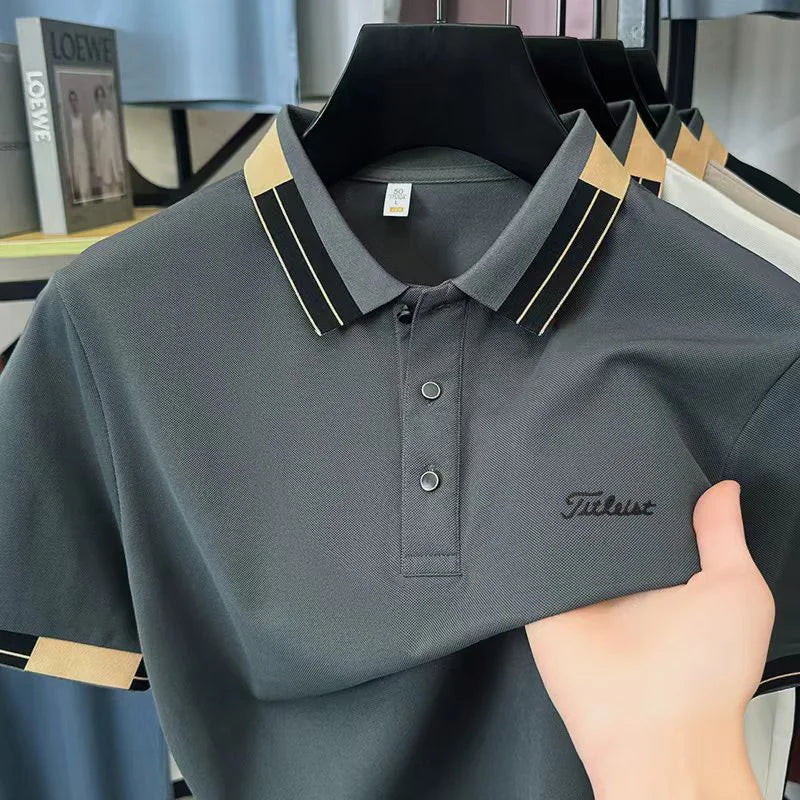 Hot-Selling Man Short-Sleeved Polo Shirt Lapel Button Color Blocking Letter Print New Golf T-Shirt Business Casual Men'sClothing