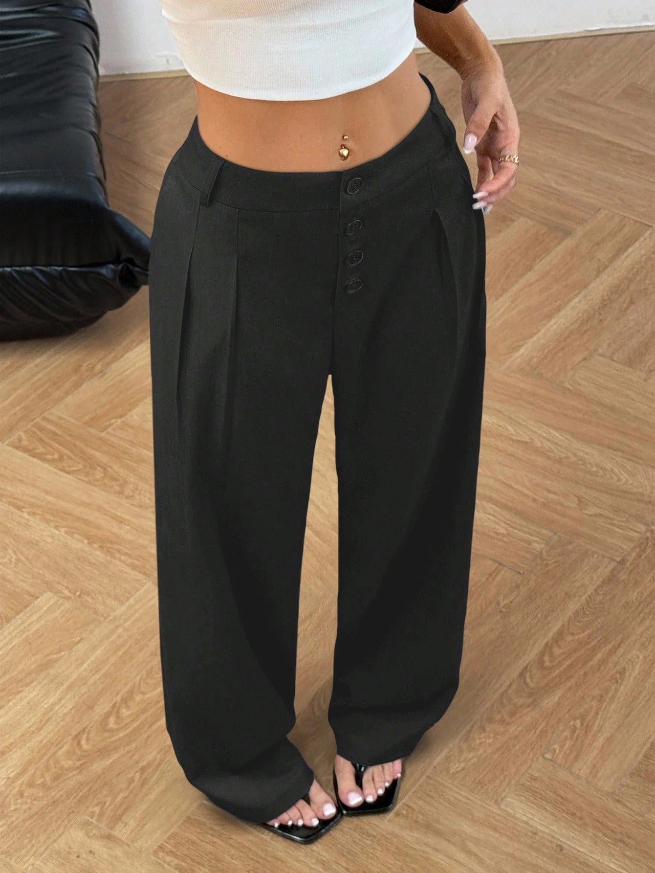 Women's Black High Waist Wide Leg Pants | Button Fly Pleated Draped Flattering Office Suit Trousers, Versatile
