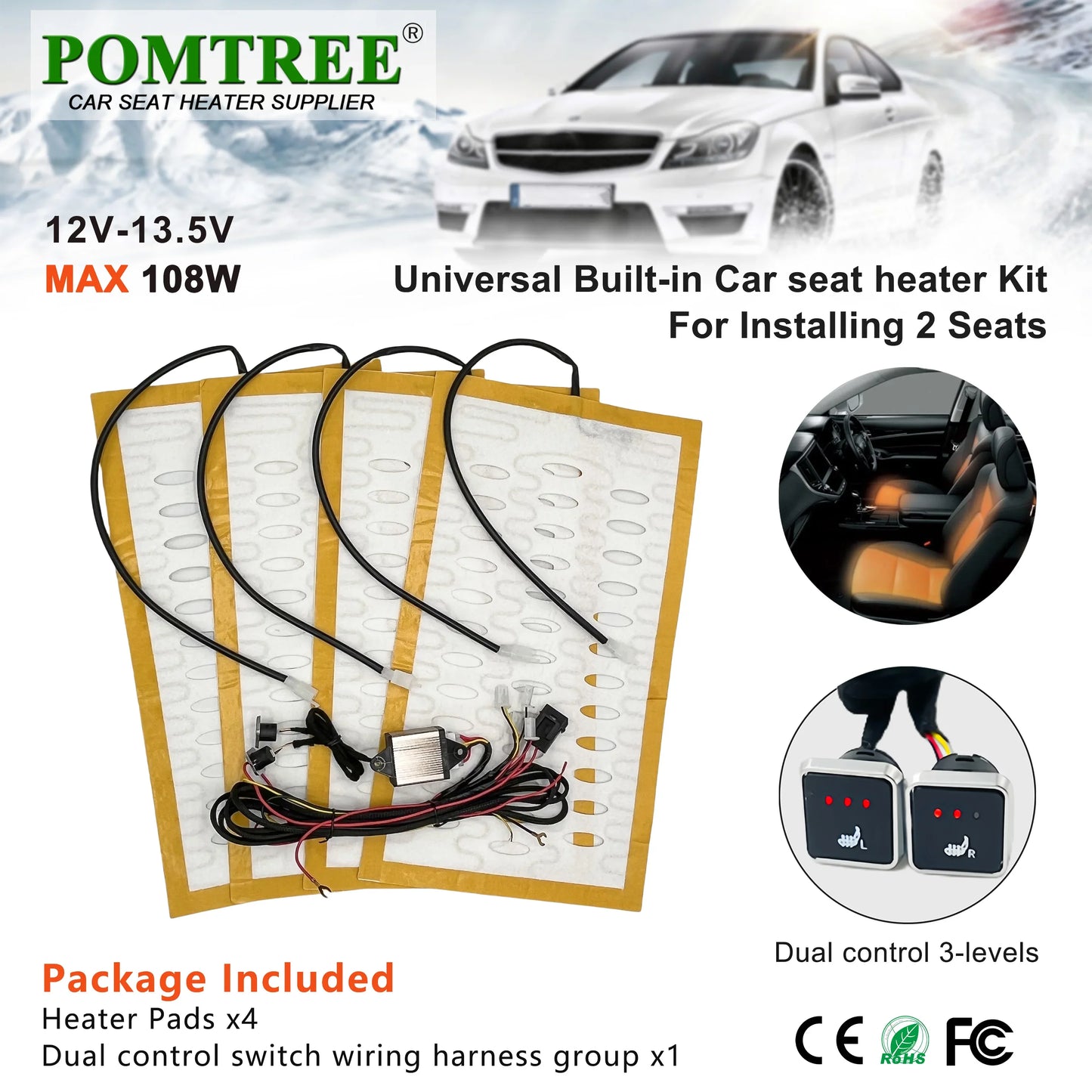 Universal Built-In Car Seat Heater Kit Fit 2 Seats,108W Alloy Wire Heating Pads 3-Level Dual Control Switch with Wiring Harness