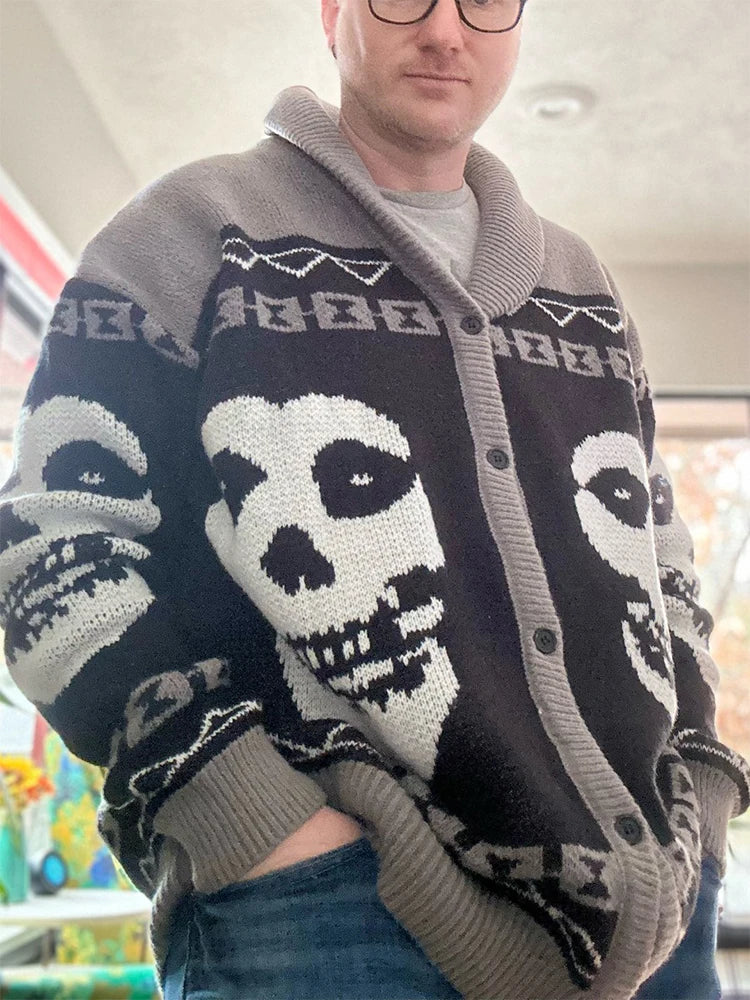 Autumn Winter y2k Portrait Print Harajuku Men Sweater Fashion Men and Women Long Sleeves Warm Gothic Ghost Knitted cardigan Coat