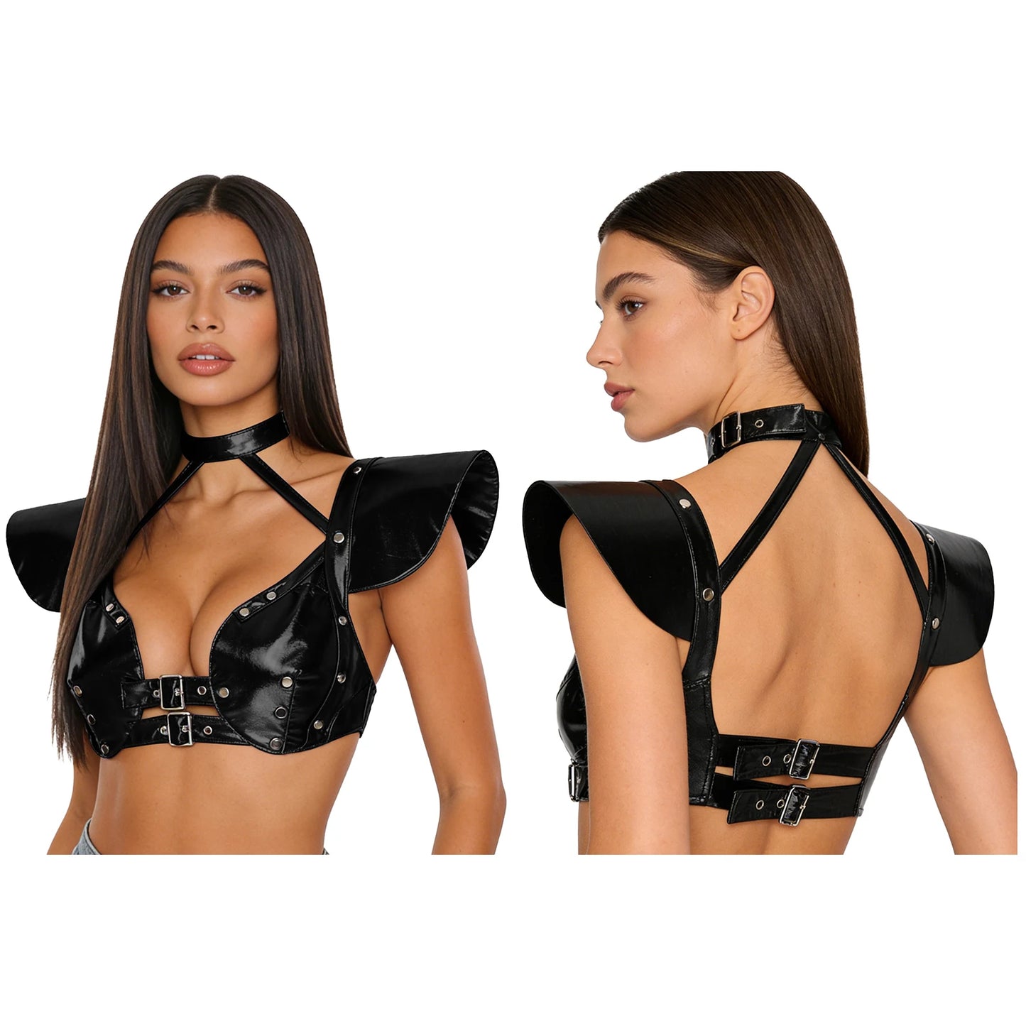 Womens Gothic Shiny Metallic Cut Out Crop Top Holographic Halter Neck Plunging Adjustable Buckles Corset Bustier Shoulder Armor