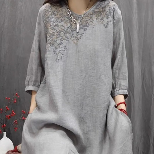 Retro Cotton Linen Embroidered Shirt Women's Thin Loose Mid-Length Open Split Top Korean Style Commute Fashion Summer 2025