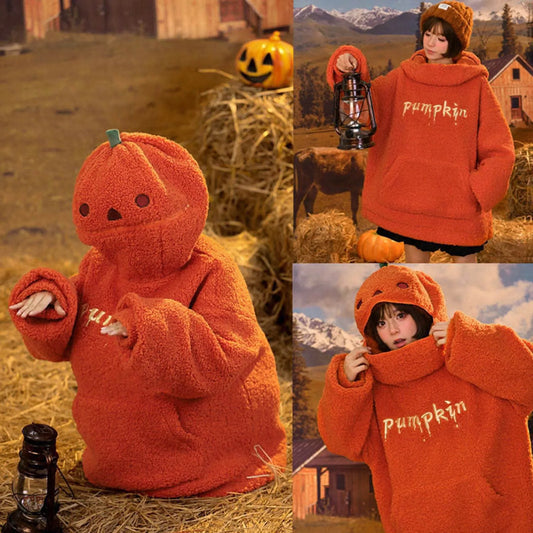 2025 Autumn Pumpkin Hoodies Halloween Party Pumpkin Head Lamb Fleece Women Hooded Sweatshirt Embroidery Thicken Streetwear