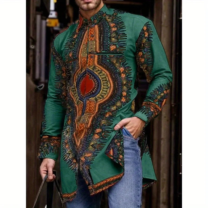 2026 Muslim Tops Men's Ethnic Style Long-sleeved Stand-up Collar Shirts Casual Slim Irregular Hem Blouses Male Morocco Dubai Top