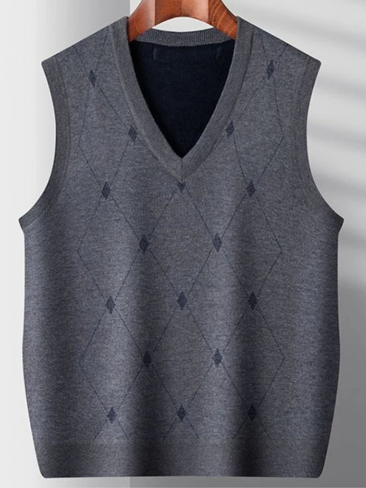 Korean Style Fashion High Quality Men's Argyle Knitted Vest Autumn Winter Fleece Lined Thickened Middle Aged Casual Waistcoat