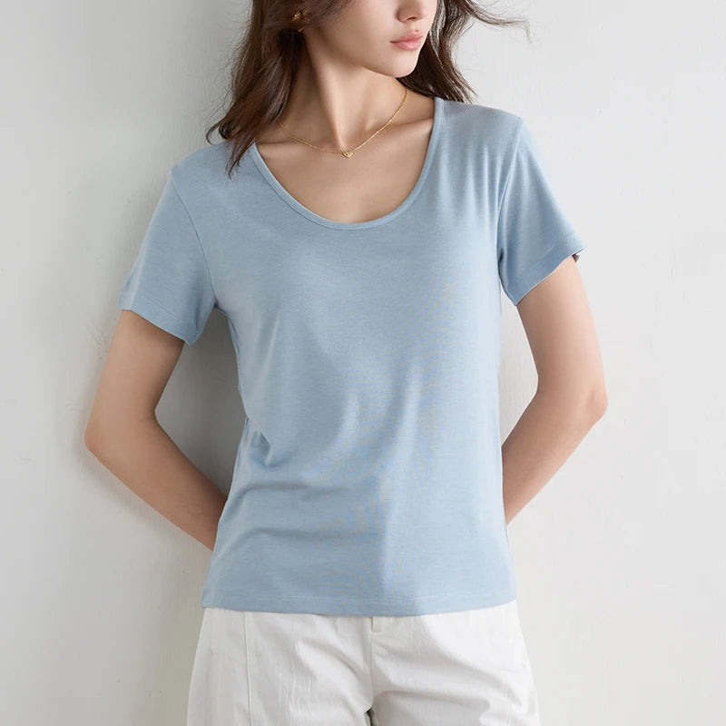 Women Lyocell T Shirt U Neck Short Sleeve Summer Slim Fit Basic Casual Top