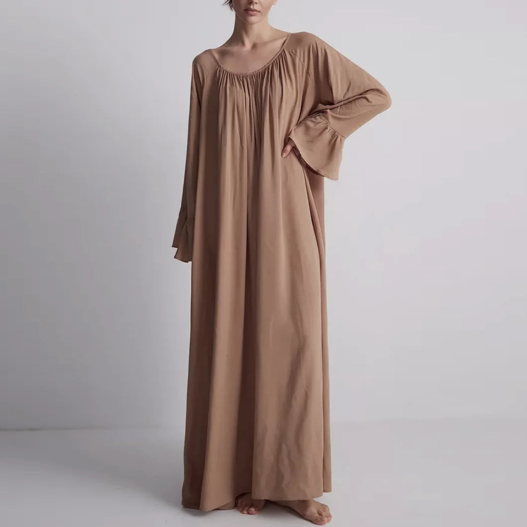 Parc Fee Casual Loose White Women Dress 2025 Elegant U-Neck Long Sleeve Floor-Length Dresses Simple Oversize Solid Female Dress