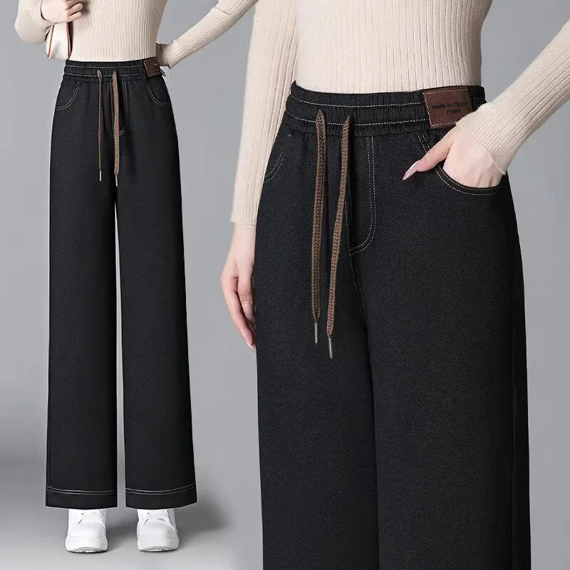Women's Fleece Lined Wide Leg Pants High Waist Elastic Casual Mom Straight Leg Jeans Style Autumn Winter Fashion Loose Fit