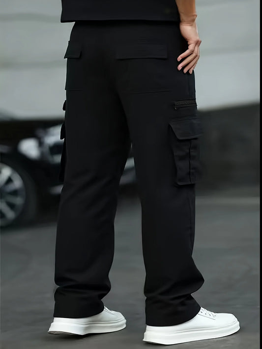 plus Size Men's Casual Solid Color Work Trousers with Foldover Pockets Side Drawstring Waist Long Straight Leg for Outdoor Hikin
