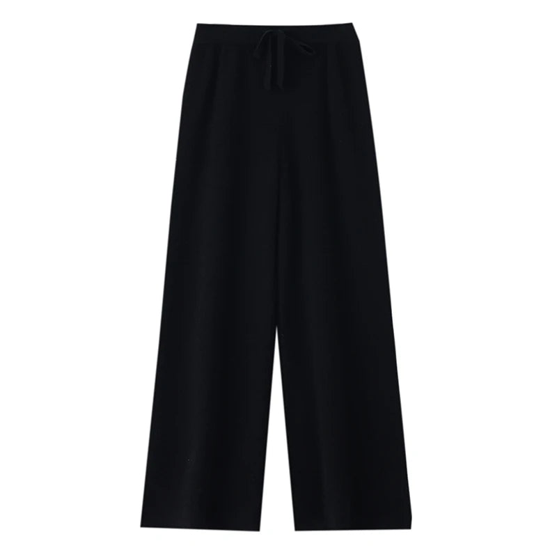 Chic Wide-Leg Pants Women's Autumn Winter Solid Color 100% Merino Wool Knitted Casual Loose Soft Thick Warm Popular Trousers