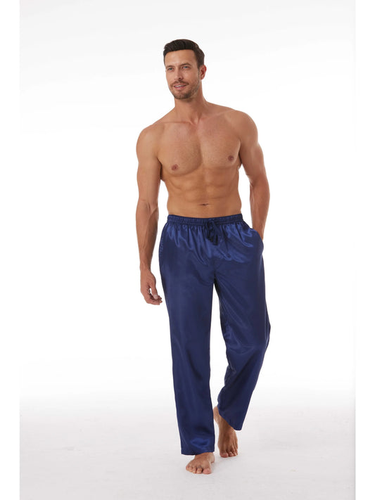 3pcs Men's Pajama Pants Autumn Satin Comfy with Elastic Waistband and Pockets Solid Color Casual Sleepwear