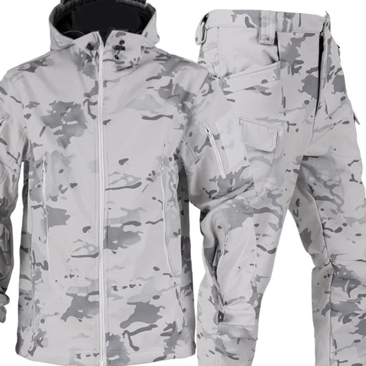 MCAP Men‘s Snow Camo Tactical Suit Softshell Jacket Pants Set Thermal Fleece Lined Hooded Underarm Zipper for Ski Hunting Winter