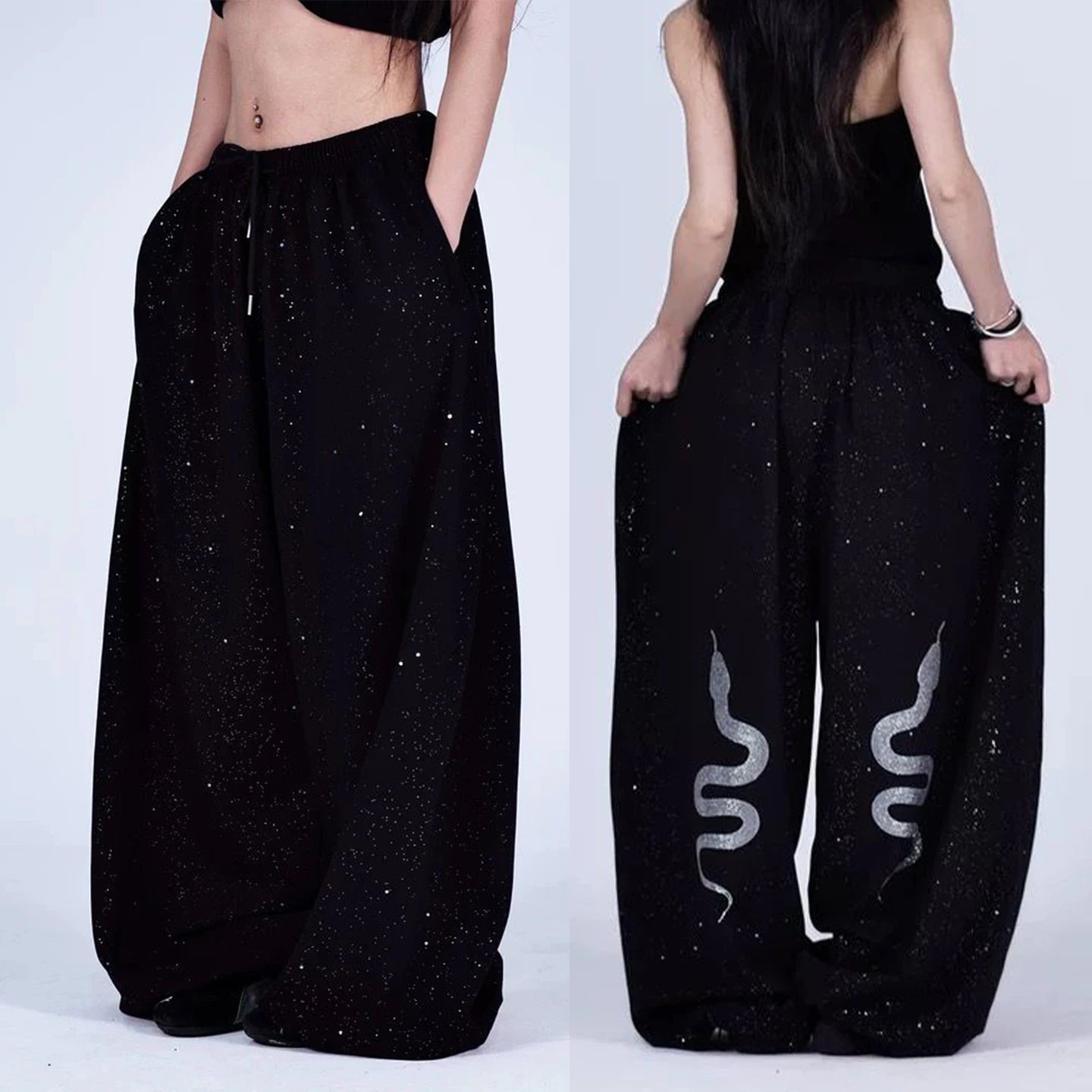 American Style Hip Hop Glitter Sports Pants Women's Spring Summer Loose Wide Leg Sweatpants Jazz Dance Floor Length Pants