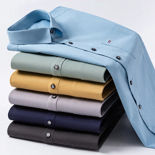 New 100%Pure Cotton Men's Shirts Long Sleeves Solid Color Soft Regular Fit Casual Shirt Pocket Social Blouse Male Clothes S-7XL
