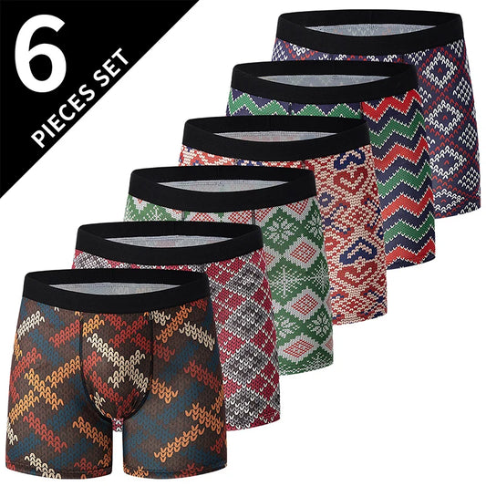 6Pcs Men's Fashion Printing Long Boxer Underwear Comfortable Plus Size Sexy Shorts Teenagers Multicolor Combination Uunderwear