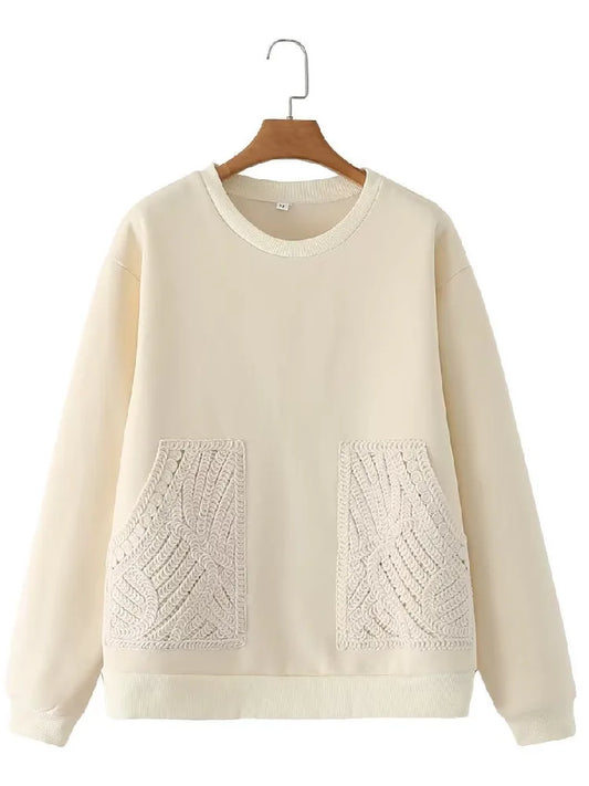 2022 Women Round collar Front Spliced Knitted Pockets Pullover Hoodies Sweats Winter Keep Warm With Fleece Sweatshirt Beige