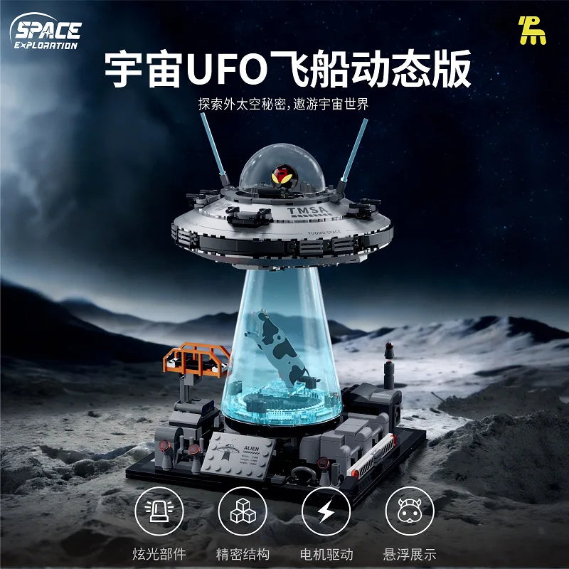 NEW UFO Cow Abduction Spacecraft Building Blocks With Light Motor Set Spaceship Bricks Toys Desktop Ornament Model Boys Gifts