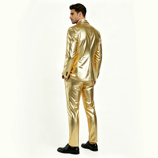 Men's Shiny Gold 2 Piece Suit, Metallic Blazer & Pants Set, Slim Fit Disco Party Stage Costume for DJ Club Prom Wedding