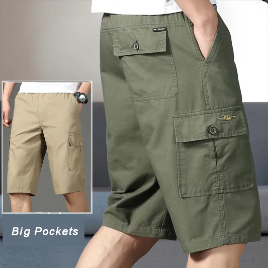 Summer Zipper Pocket Workwear Shorts Mens Knee Cargo Pants 2026 Cotton Shorts Men Climbing Jogger Elastic Waist Sports Work Wear