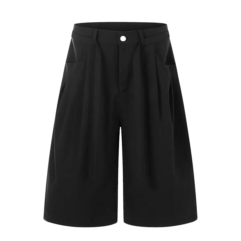 Mauroicardi Spring Summer Loose Soft Baggy Black Scimitar Wide Leg Shorts for Men High Waist Sashes Knee Length Pants Clothes