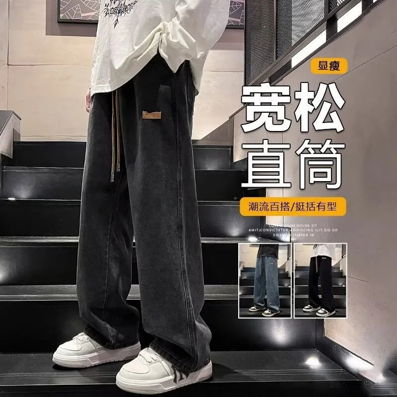 Men's Y2K Baggy Jeans Drawstring Elastic Waist Washed Denim Pants Straight Leg Wide Leg Streetwear Loose Fit Trousers